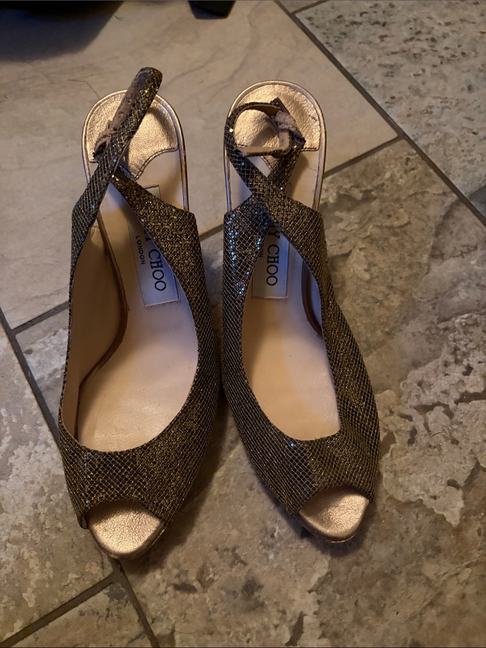 Jimmy Choo Metallic Gold Peep-Toe Slingback Heels